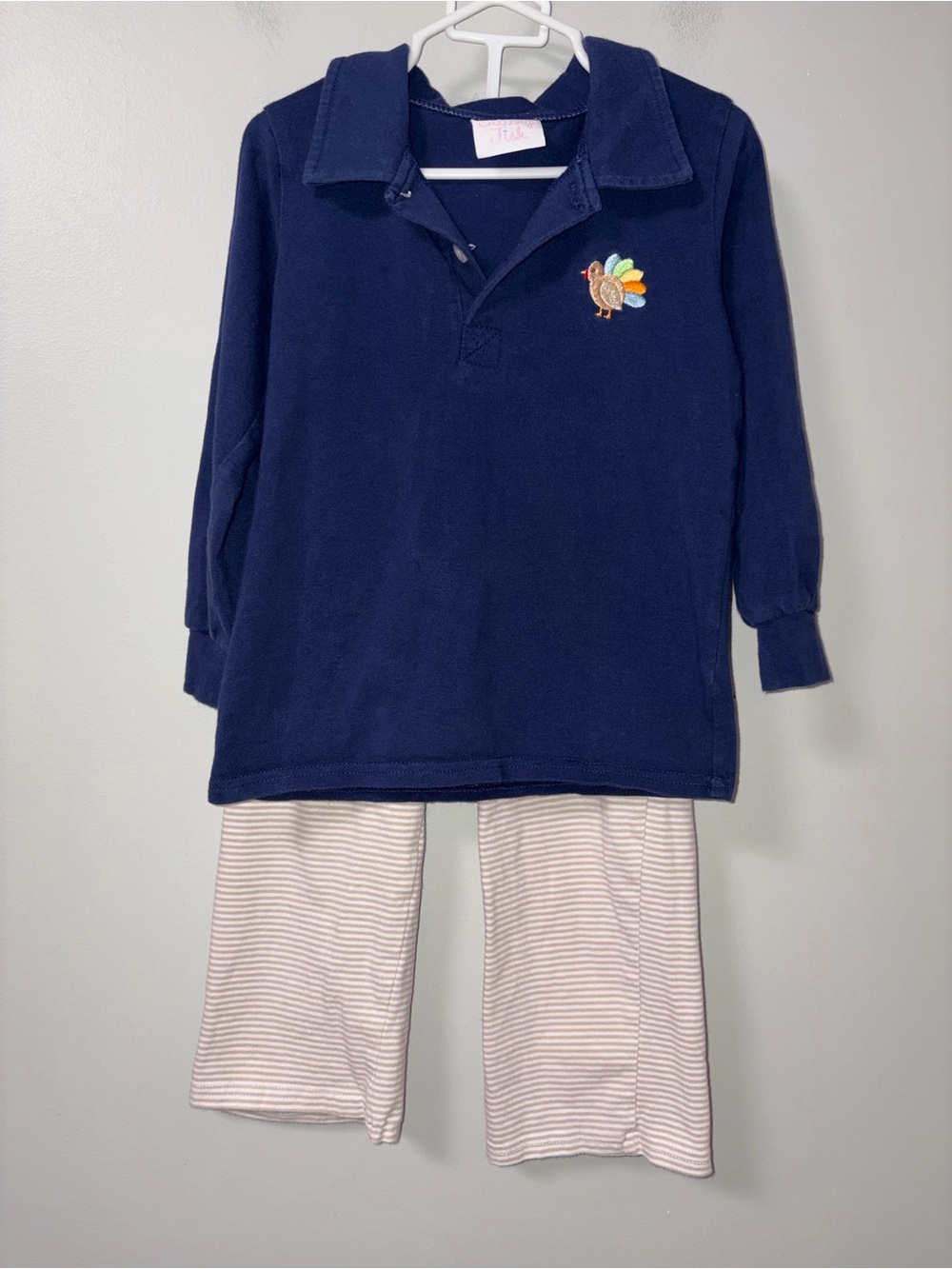 Stitchy Fish Turkey Timmy Embroidered Polo Pant Set Navy Cream Striped 4T Boys